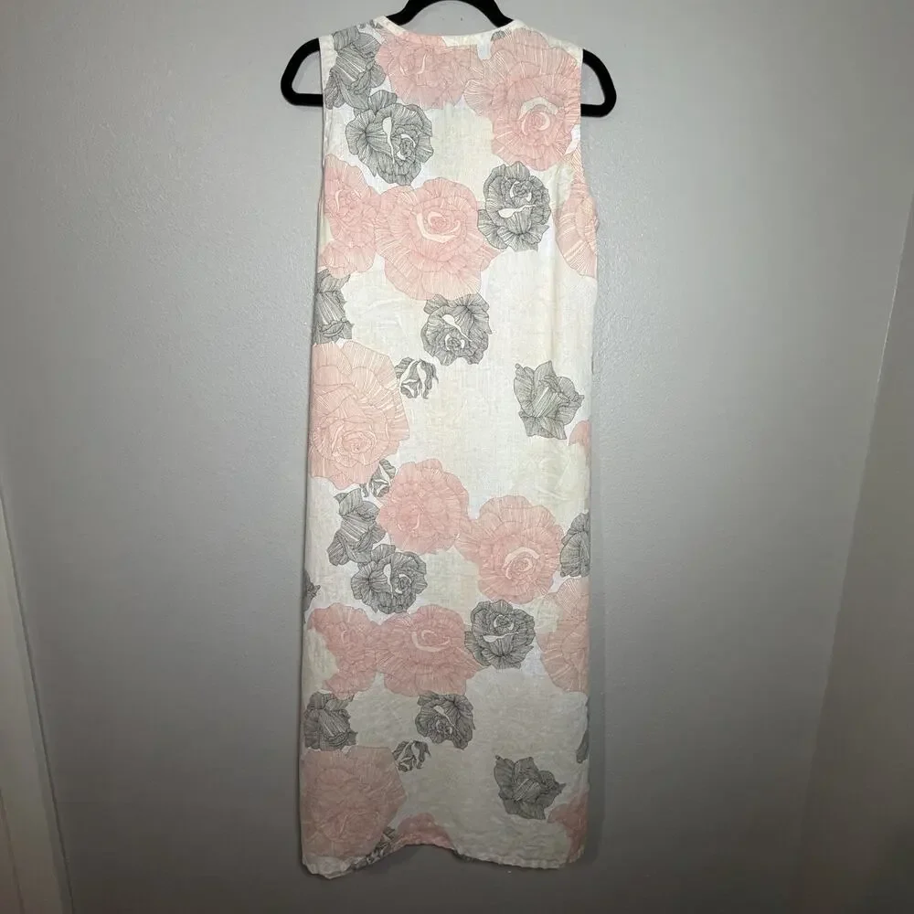 Joan Vass Sleeveless Dress Size Medium 100% Linen Floral Maxi Beach Casual